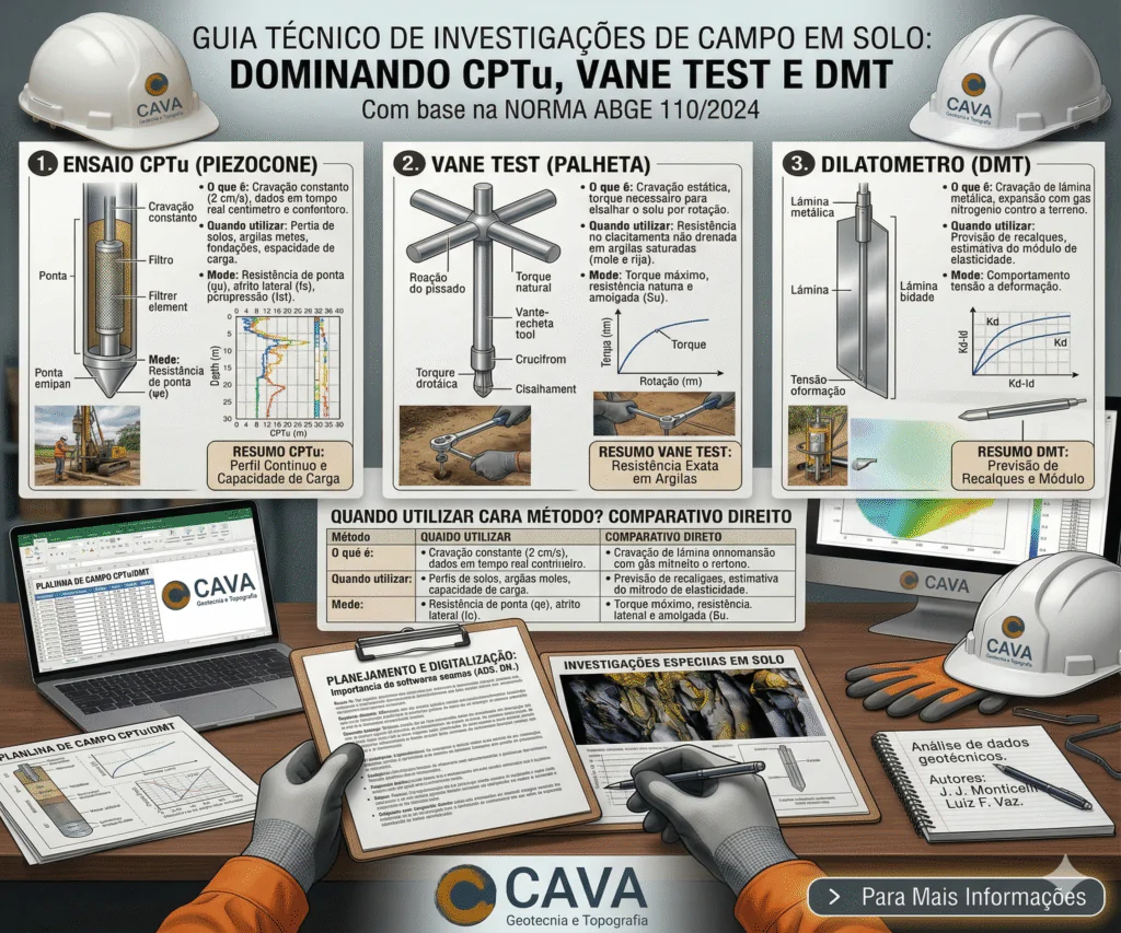 CPTu, Vane Test e DMT: diferenças, aplicações e quando usar